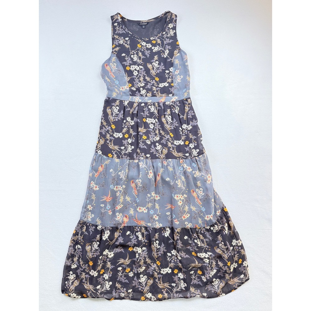 Lucky Brand Maxi Dress Womens Small Navy Grey Bird Floral Tier Cottagecore Boho